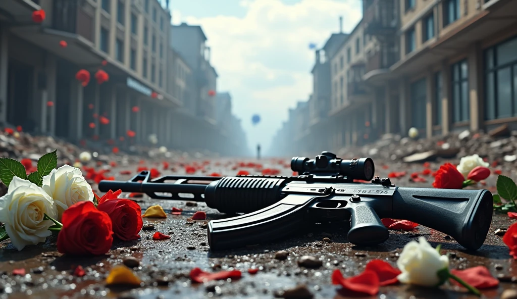 2024; (masterpiece, best quality) destroyed city roses ( white and red) on the floor(Sidney); flowers on the ground; 1IMBEL IA2 rifle Down(close-up); bombs falling from the sky.; fire around; soldiers dead on the floor. 