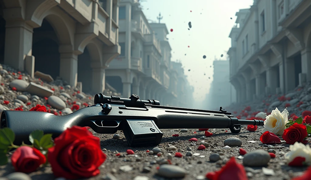 2024; (masterpiece, best quality) destroyed city roses ( white and red) on the floor(Sidney); flowers on the ground; 1IMBEL IA2 rifle Down(close-up); bombs falling from the sky.; fire around; soldiers dead on the floor. 