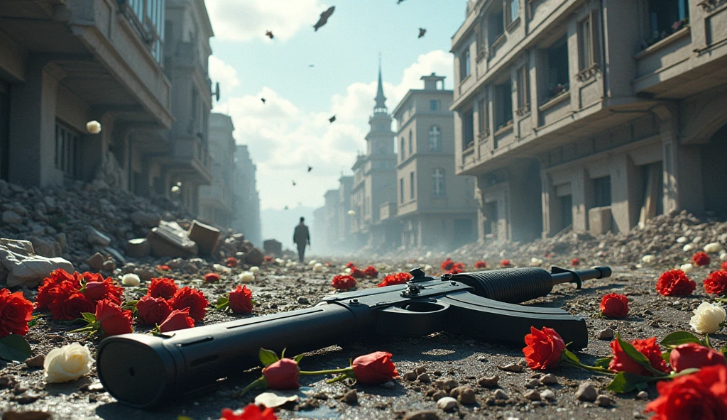 2024; (masterpiece, best quality) destroyed city roses ( white and red) on the floor(Sidney); flowers on the ground; 1IMBEL IA2 rifle Down(close-up); bombs falling from the sky.; fire around; soldiers dead on the floor.