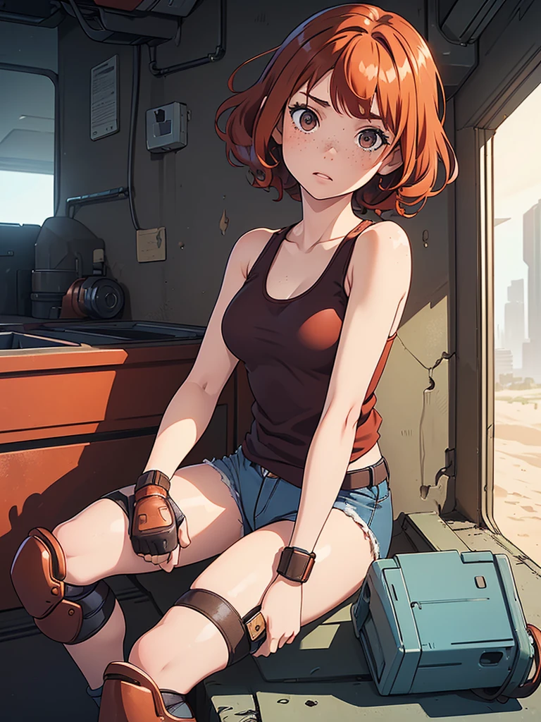 (masterpiece), (best quality), ((one girl)), ((alone)),copper red hair,(brown eyes),short hair, (curly hair),((side parted hair bangs)),anime style, freckles, (small breasts), (petite figure), (blue tank top), cyberpunk,((knee pads)),legs, (desert background))