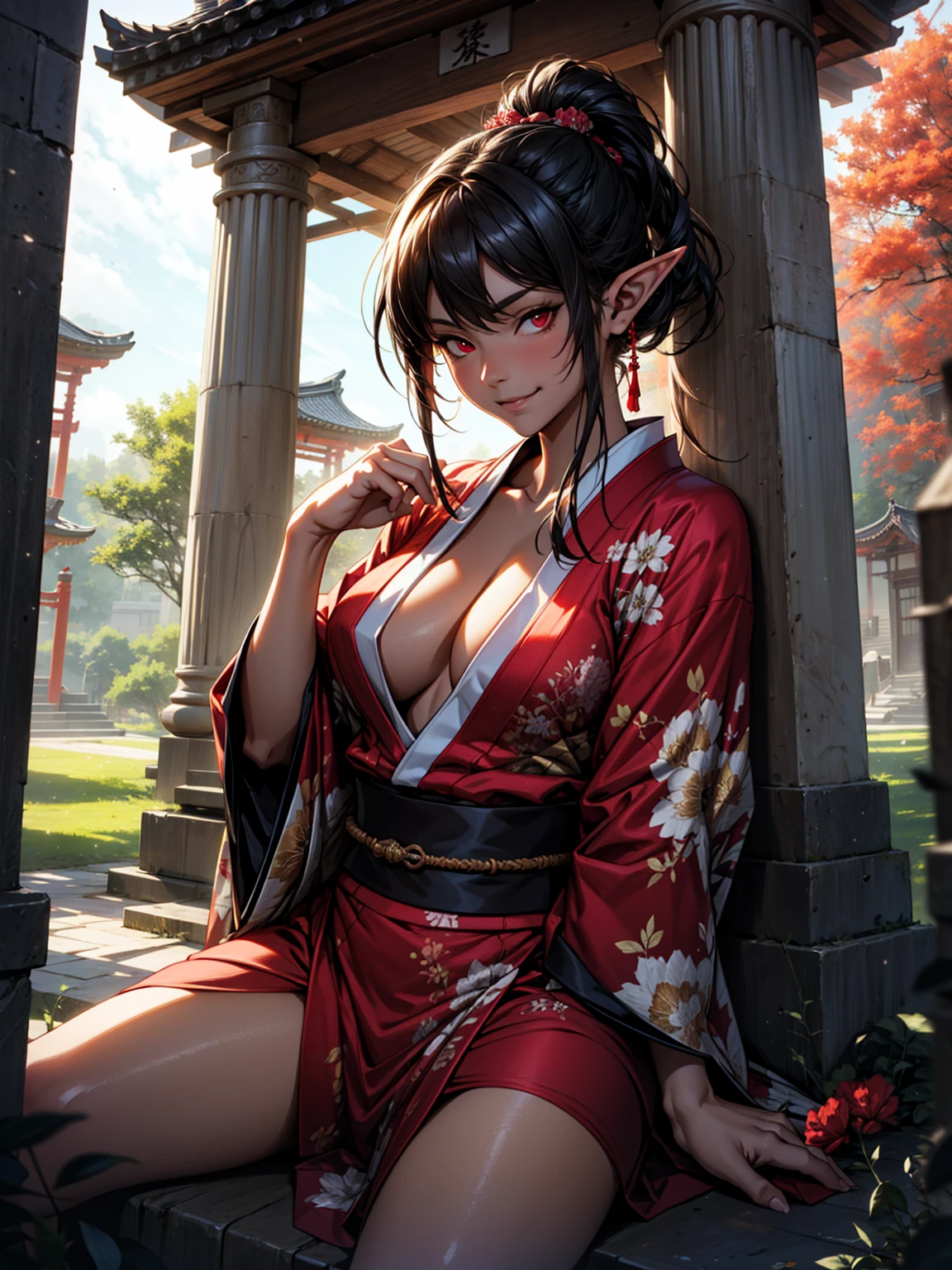 (High Detail:1.2) Anime girl, (Best quality, Detailed), Top quality, high resolution, perfect human structure, 1girl, (solo), elf, long hair, ponytail, black hair, (red eyes), smile, gravelly:1.3, dark:1.2, fair skin, white kimono, beautiful, big breasts, plunging neckline, intense look, dynamic pose, sitting on back in the grass, japanesse temple behind, (8k, vibrant colors, digital art, concept art)