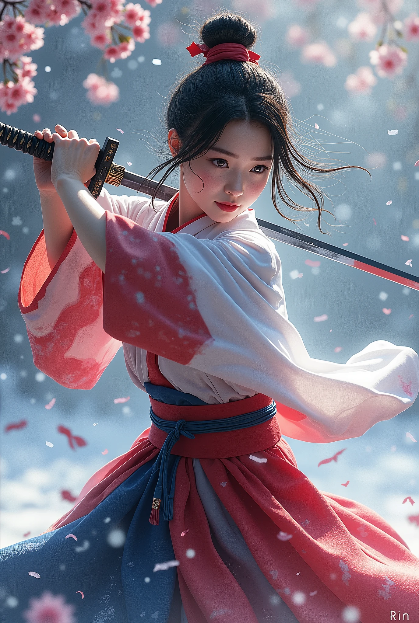 Red, white and blue hakama、Holding a sword、Pose at the moment of the finishing blow、A few freckles、Fine skin、Cherry blossom storm and snowstorm、Rin々Successfully