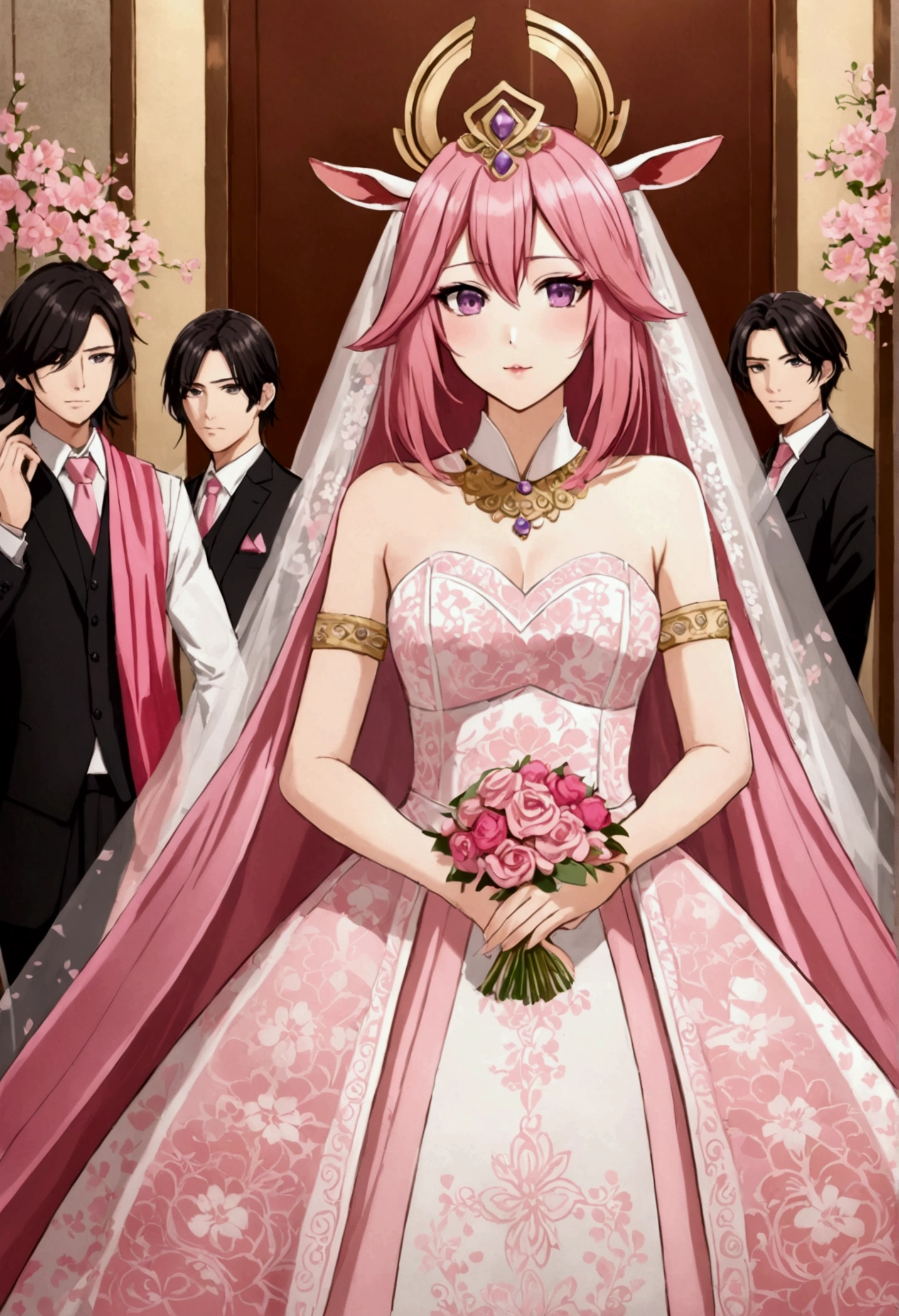 Yae Miko style human hair, pink eyes, pink gazelle princess dress costume, Attend the wedding 