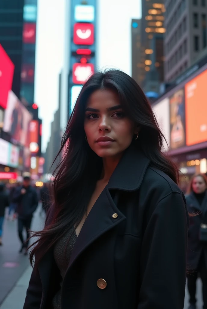 (4k) picture of beautiful black haired chubby Pakistani women in overcoat blushing at time square