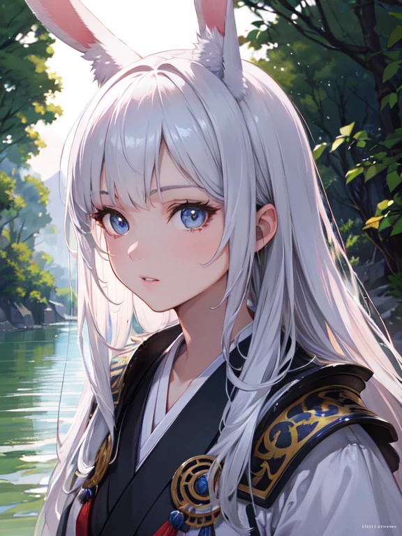 1girl, female samurai, bunny ears, romantic riverscapes, sci-fi anime, detailed facial features, beautiful detailed eyes, beautiful detailed lips, extremely detailed face, long eyelashes, elegant samurai armor, detailed ornate kimono, flowing hair, natural lighting, vibrant colors, digital painting, fantasy, highly detailed, 4k, ultra-detailed, (best quality,4k,8k,highres,masterpiece:1.2),ultra-detailed,(realistic,photorealistic,photo-realistic:1.37)
