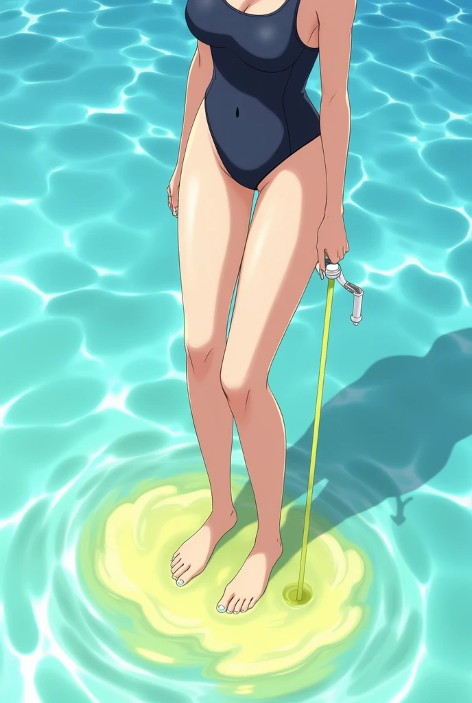 anime, girl, girl in a swimsuit, there is a urine drain hole in the bottom of the swimsuit, the girl pees, pees herself, urine pours out of the urine drain hole, urine drains into the pool, bright yellow urine dissolves in the pool