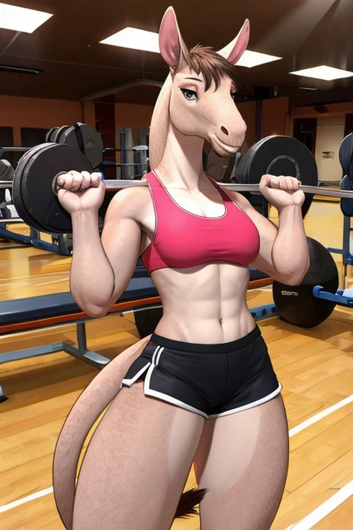 a futa centaur with a huge horse dick, muscular sweaty body, gym attire, black horse body fur, ginger tail, ginger hair, green eyes, really long hair, feminine face, dommy mommy