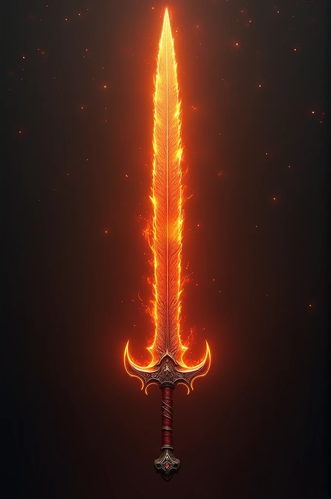 A fire sword with details of a phoenix with obsidian and wood details
