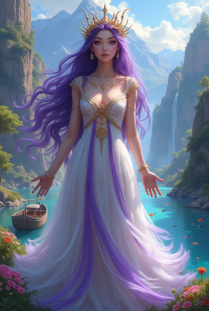 A beautyful girl long porple hear and porple eyes and white and gold dress and dressing line porple with a head golden taj and flowing dress neture like a mountain and waterfall’ lake’ lake under colorful fishses’ duck’ and boat