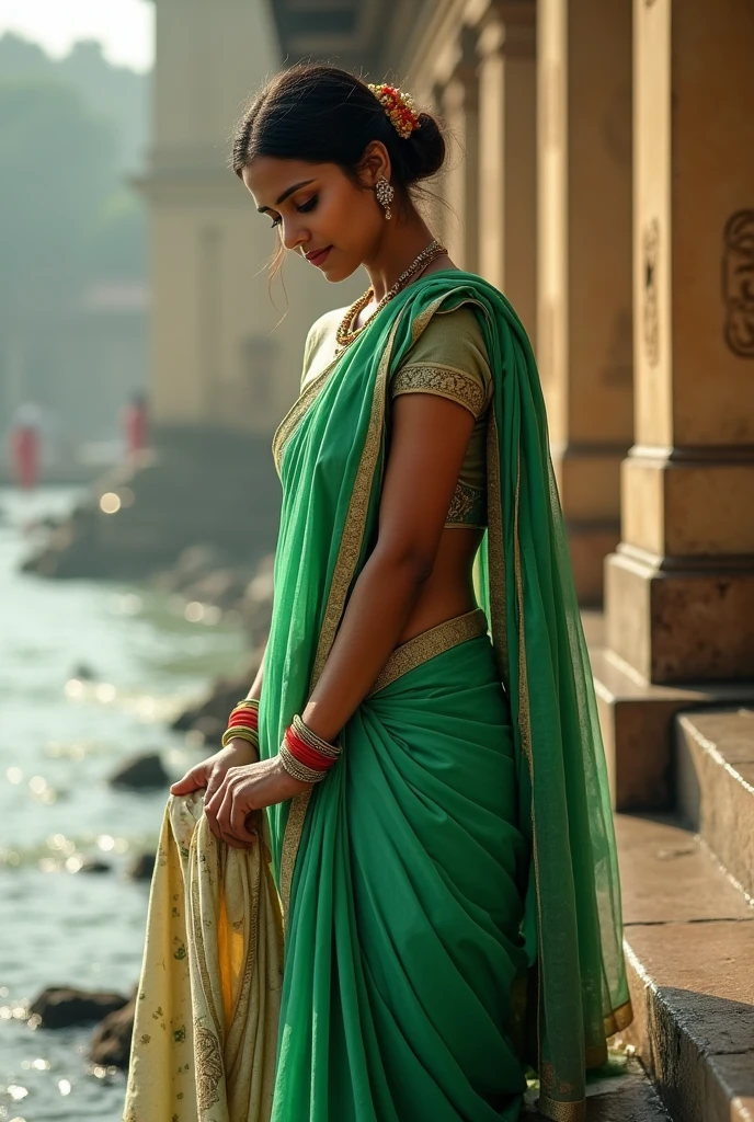 A woman who is washing cloth on the ghat who looks very beautiful and she is wearing a sari is green