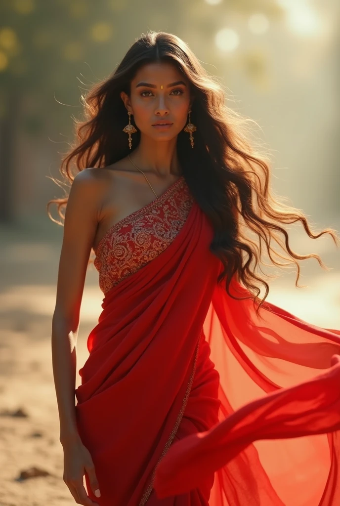 Here is the image of a woman in a red saree with long hair, walking gracefully in slow motion. The focus is on her elegance and the flow of her attire and hair.