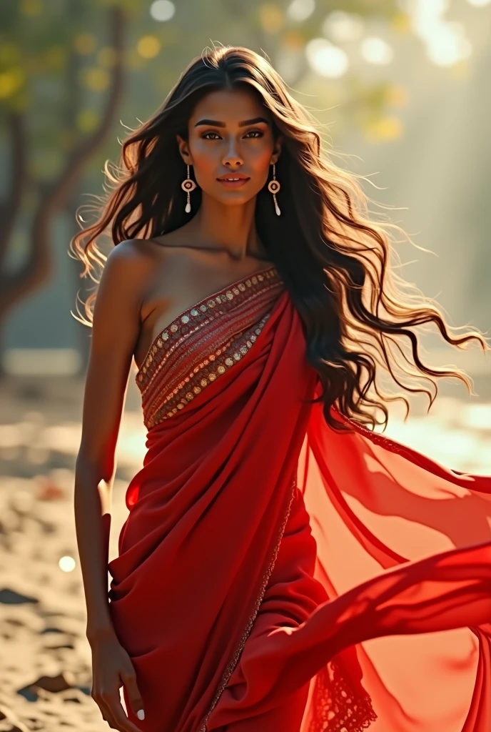 Here is the image of a woman in a red saree with long hair, walking gracefully in slow motion. The focus is on her elegance and the flow of her attire and hair.