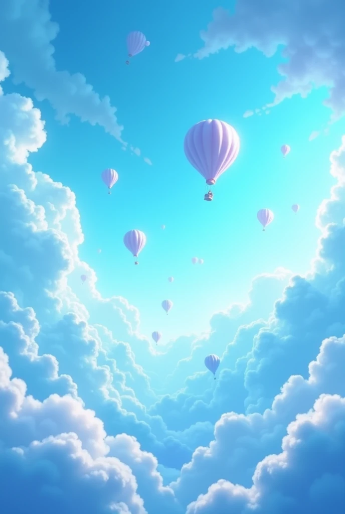 sky with many clouds animated blue and white with many hot air balloons in blue