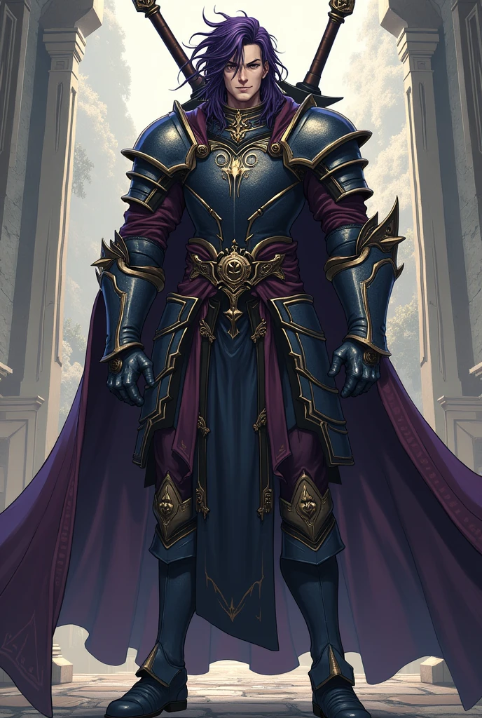 A character for my role-playing game has to look like this; man, noting that it measures 1.20cm tall, Tez blanca, hair between very dark purple and black, carrying a very large and heavy sword on his back, wearing semi-heavy armor without a cape, with a big arrogant smile, in the style of medieval anime role-playing, doing a pose of Josep Joestar from the anime jojos bizarre adventure, with medium musculature