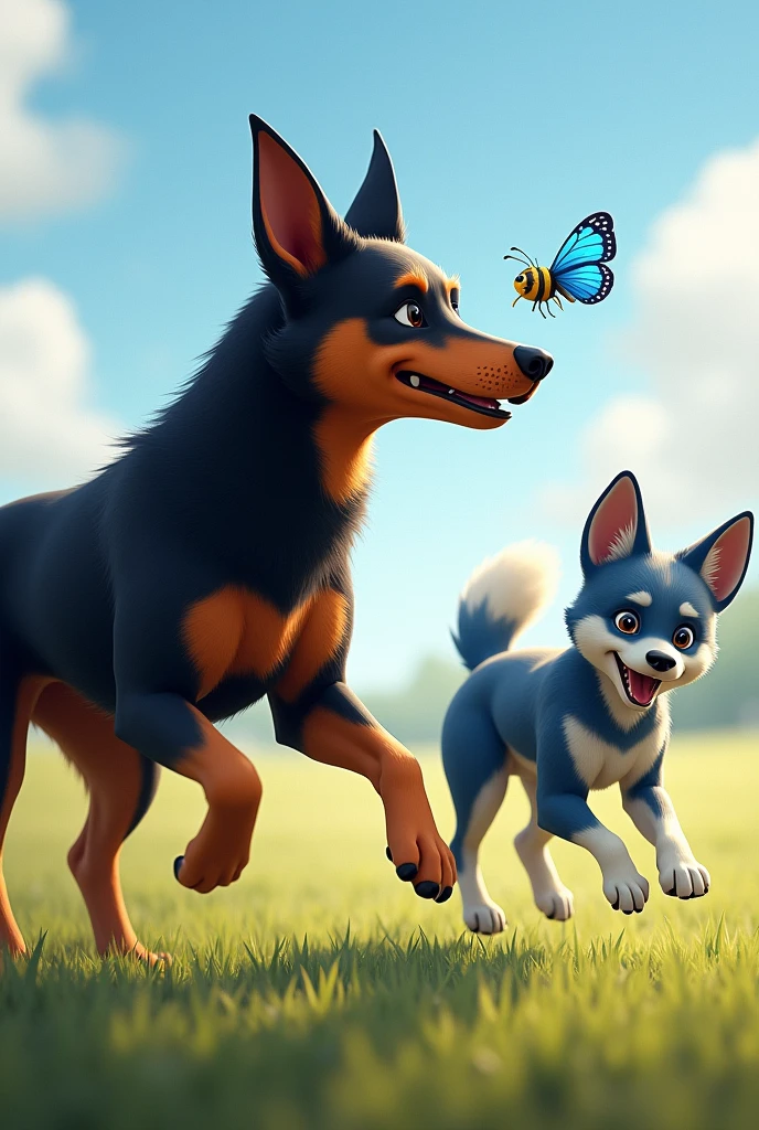 black brown australian kelpie dog just these colors and with a little bee on its nose, and a BLUE hiller gray dog running a blue butterfly