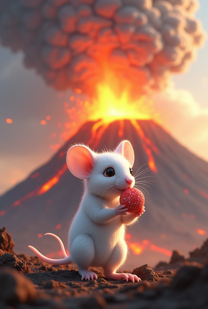 White mouse holding a sweet candy in one hand and a volcano erupting in the back
