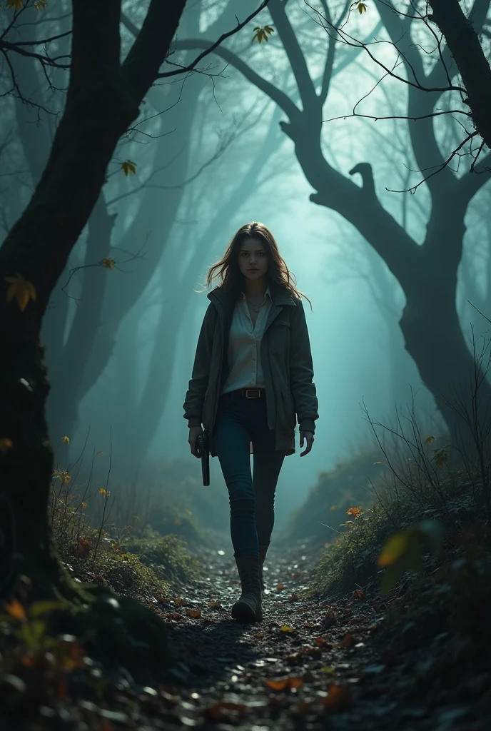 Female investigator with loose brown hair entering haunted forest
