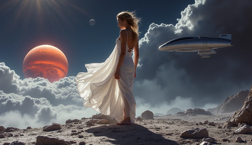 A beautiful, sensual woman stands on the surface of Jupiter, the warm, otherworldly glow of a nearby sun warming the scene. The intense heat makes her sweat, her hair slightly tousled by the temperature. A futuristic spacecraft descends near her, casting shadows on the planet’s rocky, gas-filled terrain. The surrounding atmosphere is thick with clouds and swirling gases, and the colors of Jupiter’s enormous red spot are visible in the distance, creating a dramatic backdrop. There is an 8K ultra-high resolution close-up portrait cinematic color grading film, dramatic scenes, photography, RAW, masterpiece, ultra wide angle, ultra-fine photo, best quality, ultra-high resolution, photorealistic, volumetric light, incredibly beautiful, half body, delicate face, vibrant eyes, RAW photo