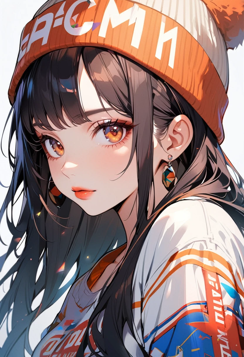 1girl, solo, long hair, black hair, clothes writing, brown eyes, looking at viewer, beanie, lips, upper body, closed mouth, shirt, earrings, white background