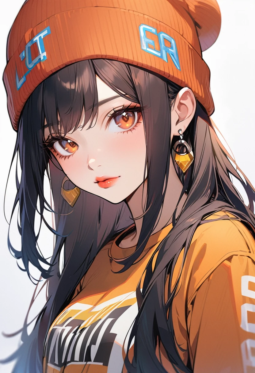 1girl, solo, long hair, black hair, clothes writing, brown eyes, looking at viewer, beanie, lips, upper body, closed mouth, shirt, earrings, white background