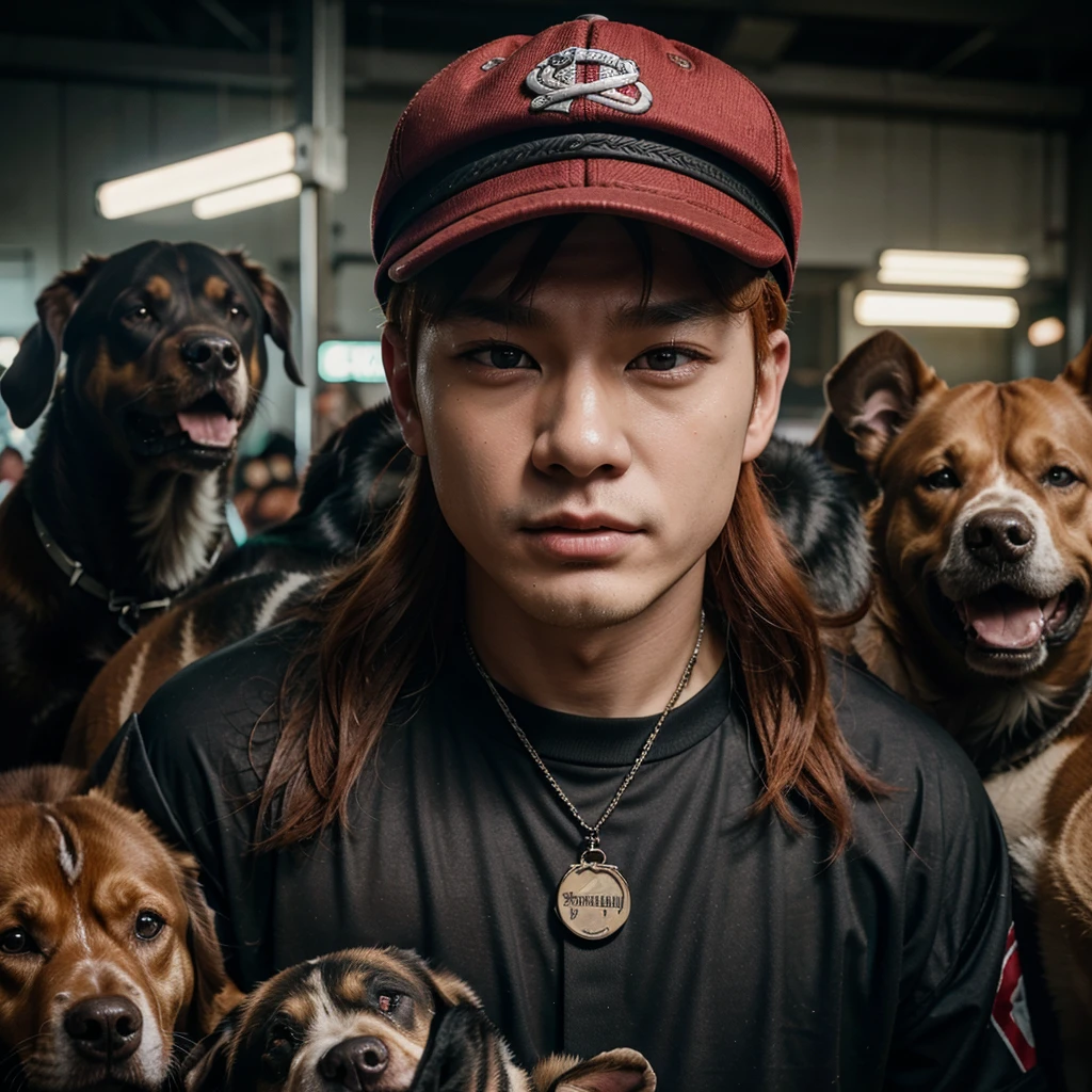 Yang Jeongin, member of Stray Kids. A redheaded boy wearing 2000s style clothes and a cap, surrounded by several large breed dogs, chaotic pitbulls, detailed portrait, 1boy, beautiful detailed face, long eyelashes, hyper realistic, cinematic lighting, dramatic atmosphere, intricate details, warm color palette, vibrant colors.