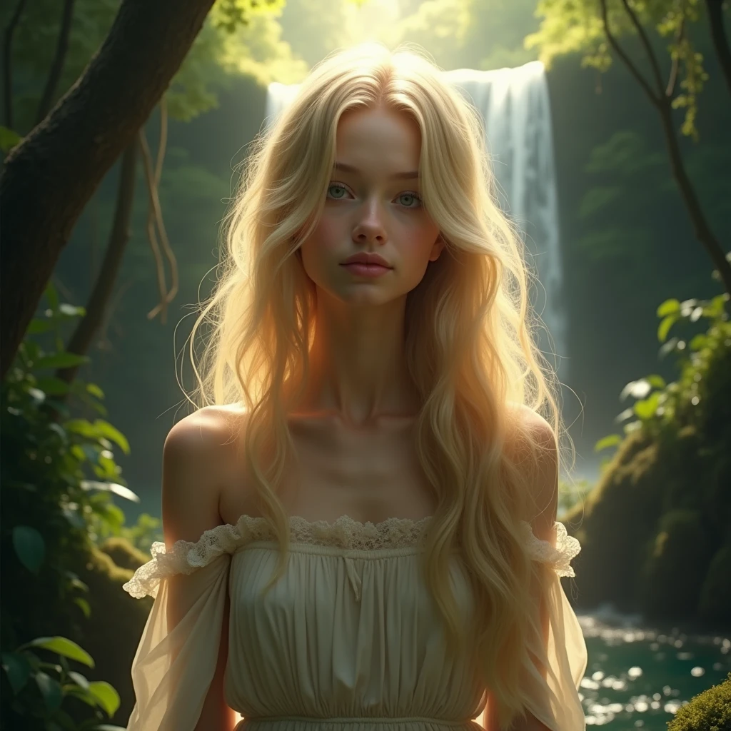 A serene blond girl standing by a cascading waterfall in a mystical forest, sunlight filtering through the dense foliage, her flowing hair reflecting the golden hues, a sense of tranquility and connection with nature, Photography, shot with a prime lens (50mm f/1.8), soft focus on the subject