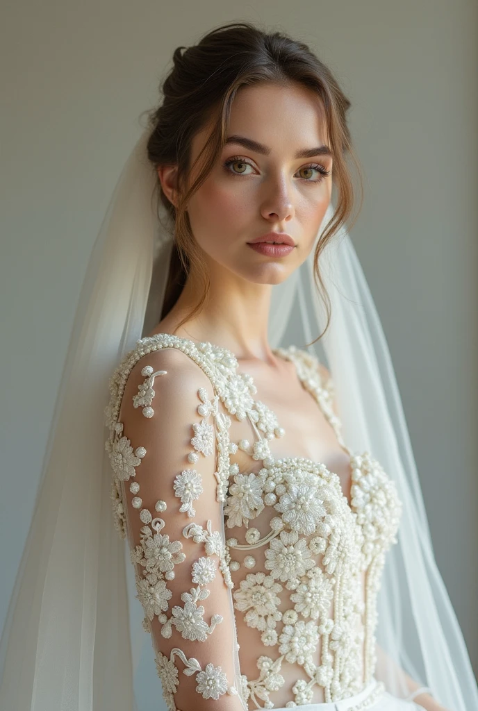 European woman model with veil . Wearing a pearl embroidered wedding dress. show full body. Extremely luxurious.