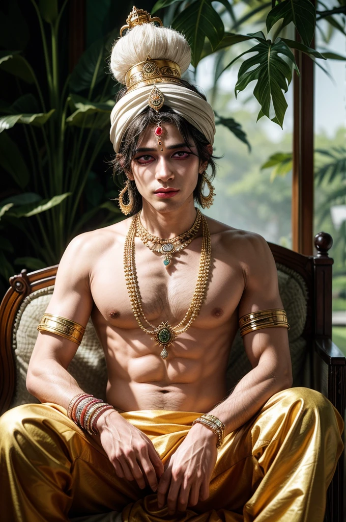 The image is a portrait of the Hindu deity Krishna, also known as Lord Krishna. He is depicted as a Hindu deity, sitting on a throne and playing a flute. Krishna is wearing a traditional Indian outfit, with a white turban on his head and a gold necklace and earrings. His face is painted black and he has a serene expression on his face. The background is dark, with green leaves and plants surrounding him. The overall mood of the image is peaceful and serene.