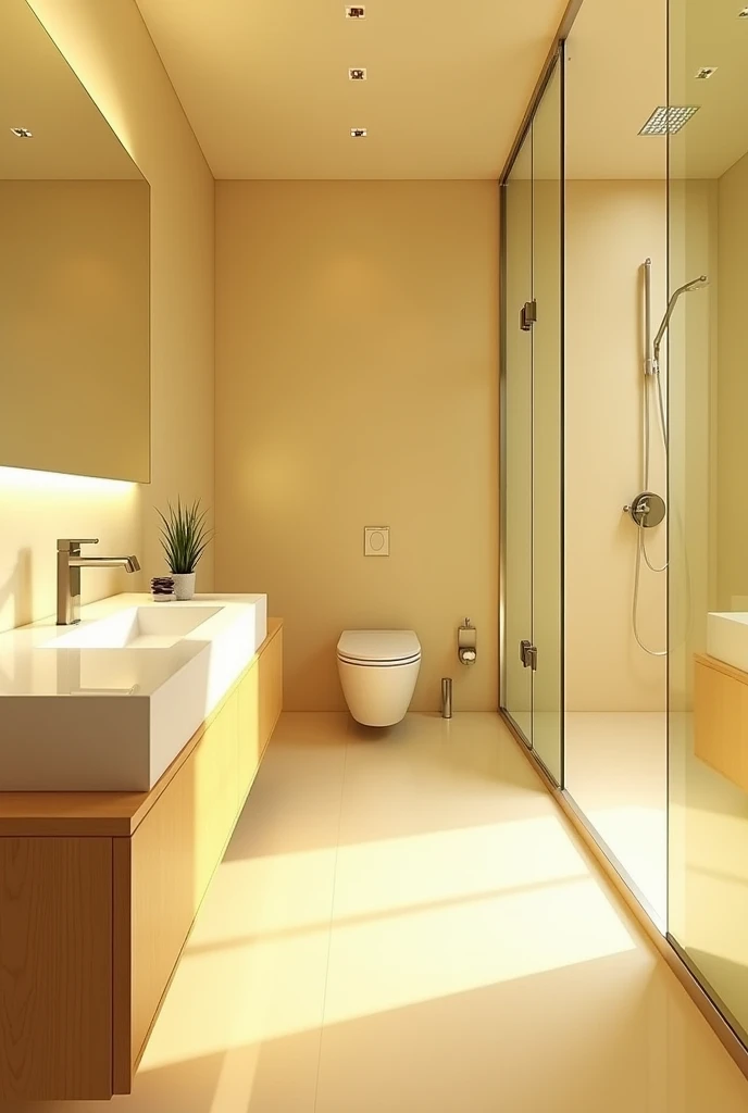 The bathroom features a bright and airy atmosphere, highlighted by light yellow tiles that bathe the space in a warm, inviting glow. A large, sleek sink dominates the room, offering ample space for daily routines. The layout includes a separate glass-walled room for the toilet and a separate, generously sized shower area, both designed with modern elegance. The glass partitions create an open, seamless feel while providing privacy and a touch of sophistication. The overall design combines functionality with a serene, clean aesthetic.