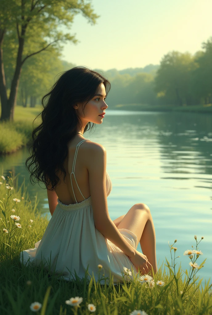 A woman with curly black hair and green eyes sitting on the edge of a river