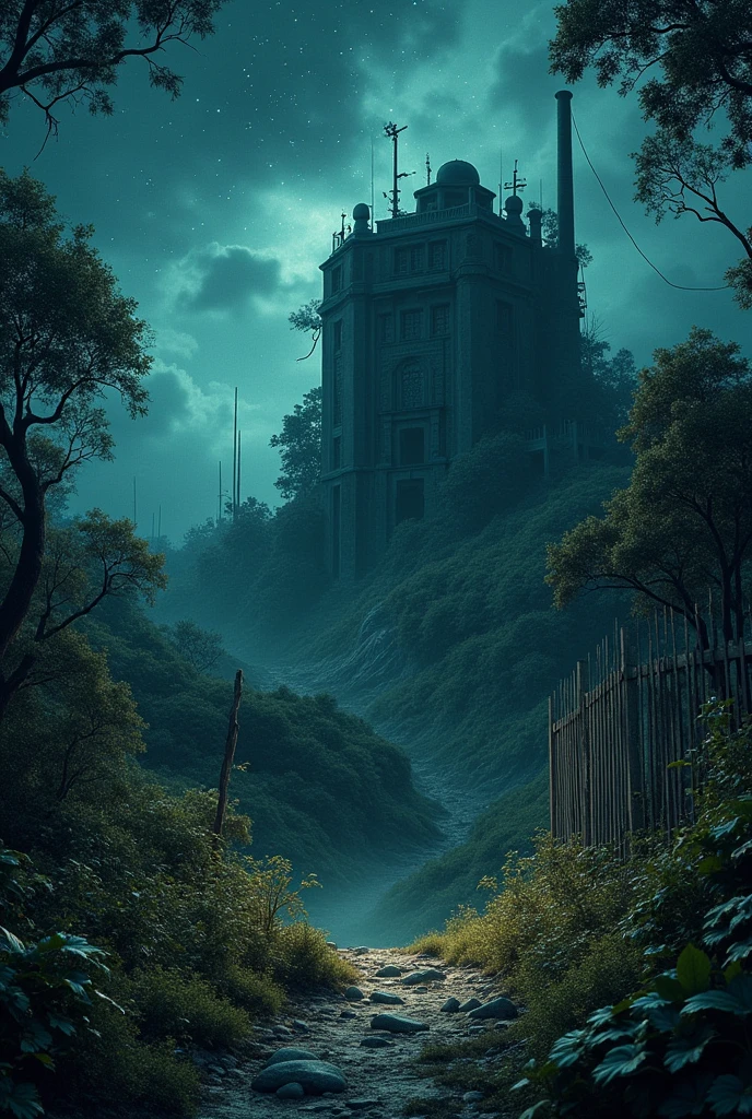 A dark place with magical nature , stars and a building resembling a military base covered by a fence