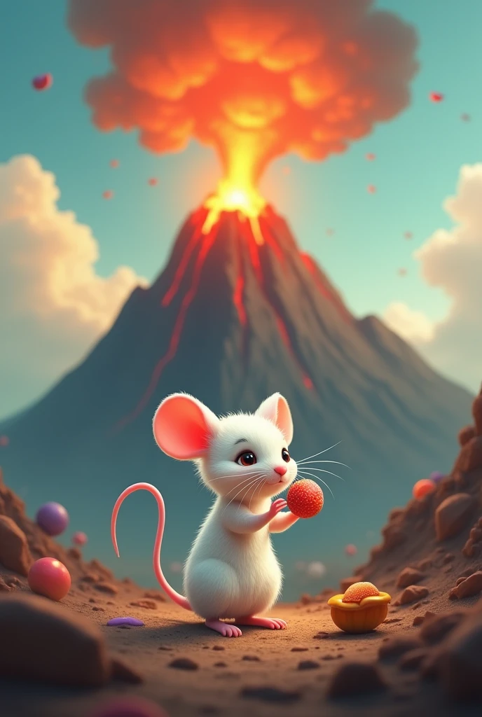 White mouse holding a sweet candy in one hand and a volcano erupting in the back