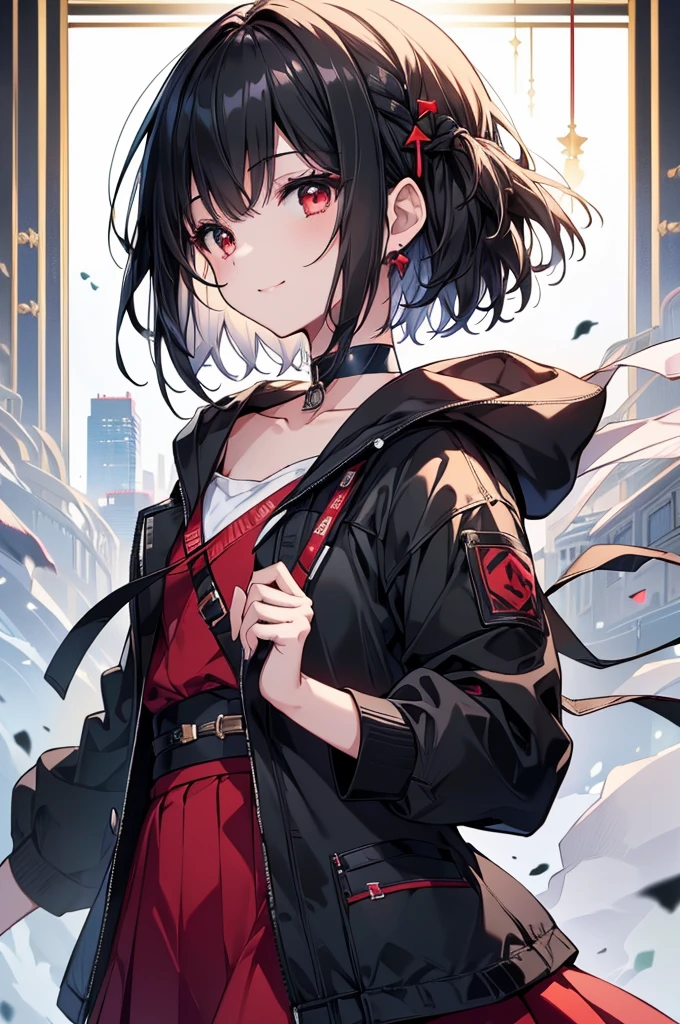 (masterpiece, highest quality, highest quality, (No text), Beautiful and aesthetic:1.2),No text,アニメ、BREAK,One Girl,Black Hair Girl adult short hair older sister choker Beautiful eyes Red eyes cool smile Black and Red skirt Black jacket whole body In town
