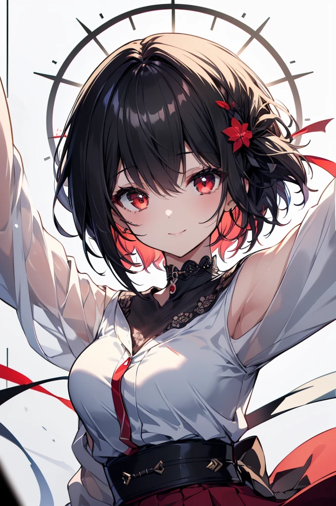 (masterpiece, highest quality, highest quality, (No text), Beautiful and aesthetic:1.2),No text,アニメ、BREAK,One Girl,Black Hair Girl adult short hair older sister choker Beautiful eyes Red eyes cool smile Black and Red skirt Black jacket whole body In town