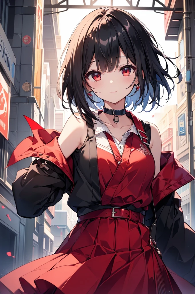 (masterpiece, highest quality, highest quality, (No text), Beautiful and aesthetic:1.2),No text,アニメ、BREAK,One Girl,Black Hair Girl short hair older sister choker Beautiful eyes Red eyes cool smile Black and Red dress Black jacket mini skirt whole body In town