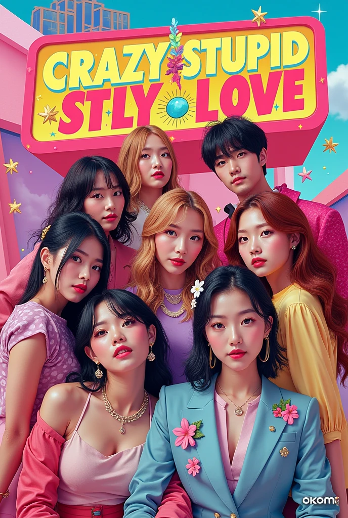 Capa de uma música kpop, com o nome “crazy stupid silly love”