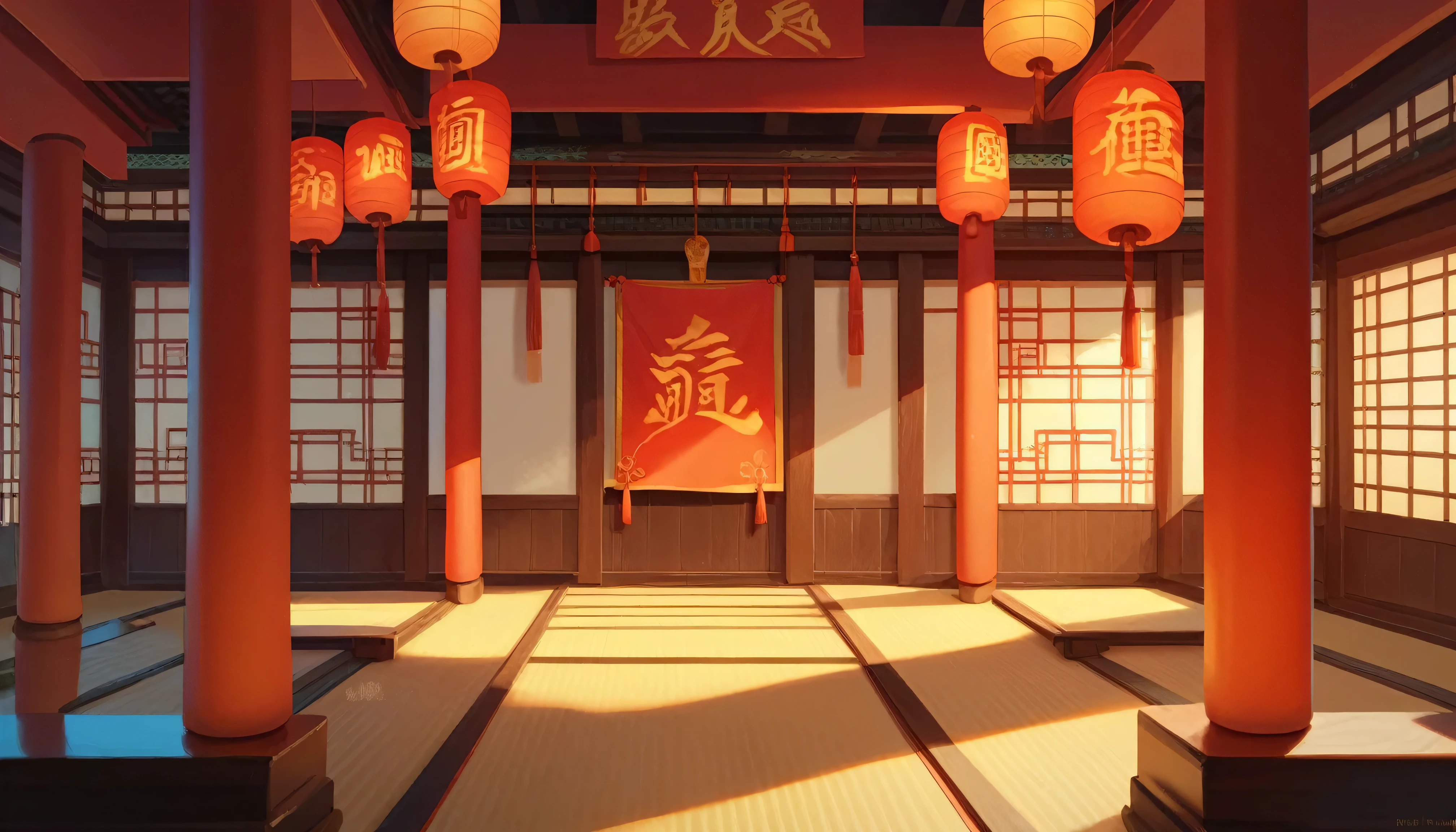inside of a chinese temple, chinese writings on the wall, dojo