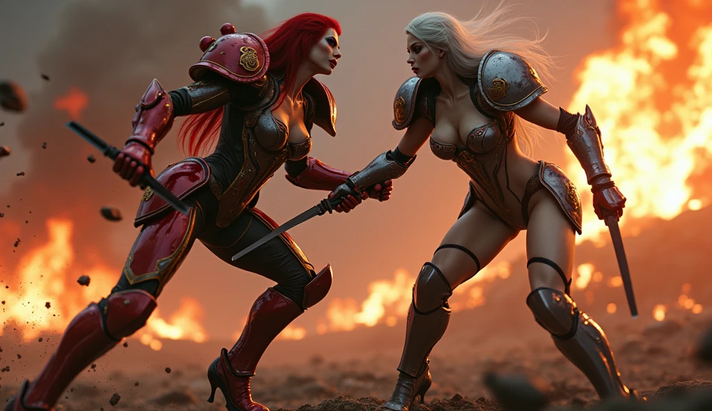 Full body pose sexy sisters of battle from the warhammer 40k, shooting at the enemy, red and gold space marine armor with intricate details, white and black space marine armor with intricate details, symbols on the armor, sisters of battle, warhammer 40k, Massive silicone breast, pale skin, seductive, temptation, eat your soul, clevage, long red flowing hair, long white flowing hair, long black flowing hair with purple highlights, heavy gothic makeup, at night, neon, beautiful detailed eyes, beautiful detailed lips, extremely detailed eyes and face, long eyelashes, highly detailed armor, intricate futuristic weaponry, dramatic lighting, cinematic composition, muted color palette, gritty and realistic, mecha, science fiction, hyper-detailed, photorealistic, award winning digital art, 8k, HDR, masters work, in the middle of a battle field, full body combat action pose, explosions and fire around, full war, stunning, Stilleto heels, high heels, full body pose, cinematic, movie trailer, final stand!, nemesis, ready to strike, dust and debree, combat screams, attacking, shooting at the enemy, running forward, last line of defense, charging, fanatic, religious, templar knights, sisters of battle, warhammer 40k, shooting at the enemy