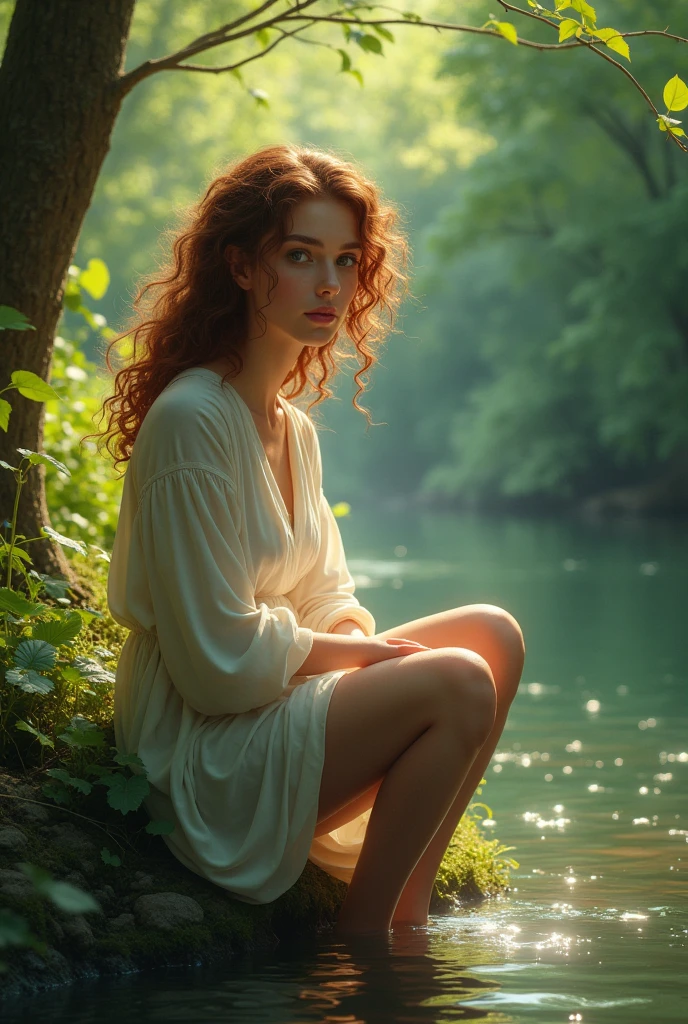 A woman with curly hair and green eyes sitting on the edge of a river