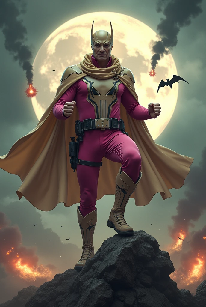 Malaysia man in high-tech suit, vivid effects, malaysian superhero (KELUANG MAN) in a striking pink and brown beige costume cyberpunk design((, mask small mini bat ear beige,)) daredevil beige mask, jumpsuit dark pink stands confidently in a dramatic.jumping from high place.hero costume.one hand rise up. (Big triangle logo on the chest.high detail Punisher logo on the chest)). jumping from hight place. Fighting pose , stormy landscape. ((Head covered node guard like batman. Running pose , athletic body type, small mini ear bat mask))The character wears domino mask a helmet with pointed mini torn ears and a flowing cape biege, open nose and mouth. Equipped with visible futuristic weapons on a belt,bullet proof jacket pink dark day.show fingers pose, dark night, big supermoon effect . Small logo on chest triangle shape small ((mitch gerads punisher ))logo center triangle cyber logo center on chest pink logo mini logo . rocky. Building top.smoke ground , bomb effect background, losse pants, losses costume.adding to --ar 3:4 --style raw --stylize 500 --v 6.1. chaos. Lot of small flying bat. One leg on the high stone. Man. Backpack . Real man 0 year old. One hand holding belt.