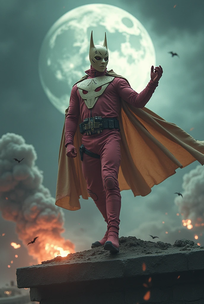 Malaysia man in high-tech suit, vivid effects, malaysian superhero (KELUANG MAN) in a striking pink and brown beige costume cyberpunk design((, mask small mini bat ear beige,)) daredevil beige mask, jumpsuit dark pink stands confidently in a dramatic.jumping from high place.hero costume.one hand rise up. (Big triangle logo on the chest.high detail Punisher logo on the chest)). jumping from hight place. Fighting pose , stormy landscape. ((Head covered node guard like batman. Running pose , athletic body type, small mini ear bat mask))The character wears domino mask a helmet with pointed mini torn ears and a flowing cape biege, open nose and mouth. Equipped with visible futuristic weapons on a belt,bullet proof jacket pink dark day.show fingers pose, dark night, big supermoon effect . Small logo on chest triangle shape small ((mitch gerads punisher ))logo center triangle cyber logo center on chest pink logo mini logo . rocky. Building top.smoke ground , bomb effect background, losse pants, losses costume.adding to --ar 3:4 --style raw --stylize 500 --v 6.1. chaos. Lot of small flying bat. One leg on the high stone. Man. Backpack . Real man age 40 year old. One hand holding belt.