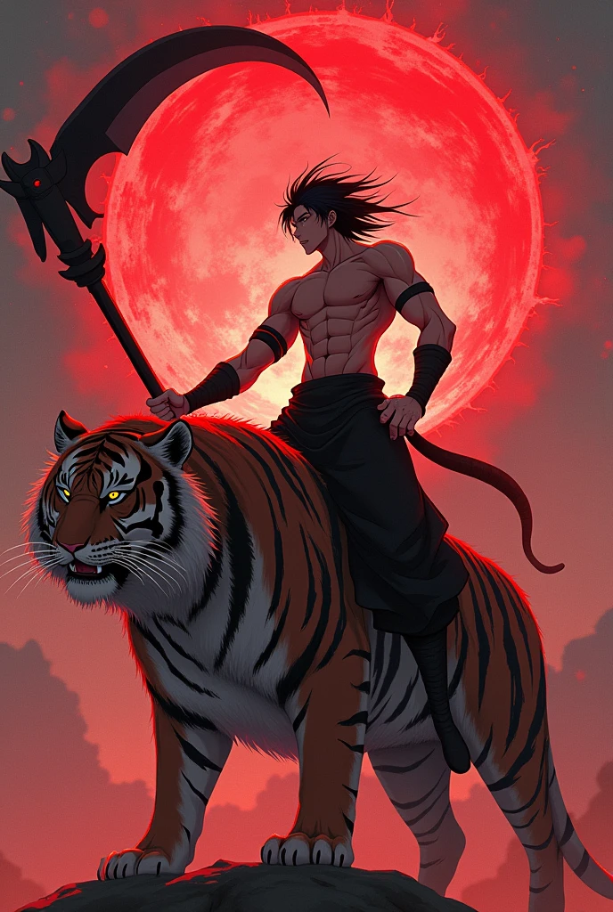 Create a male anime character Power of blood A large scythe Black hair Red aura Bands on the arms On top of a tiger 