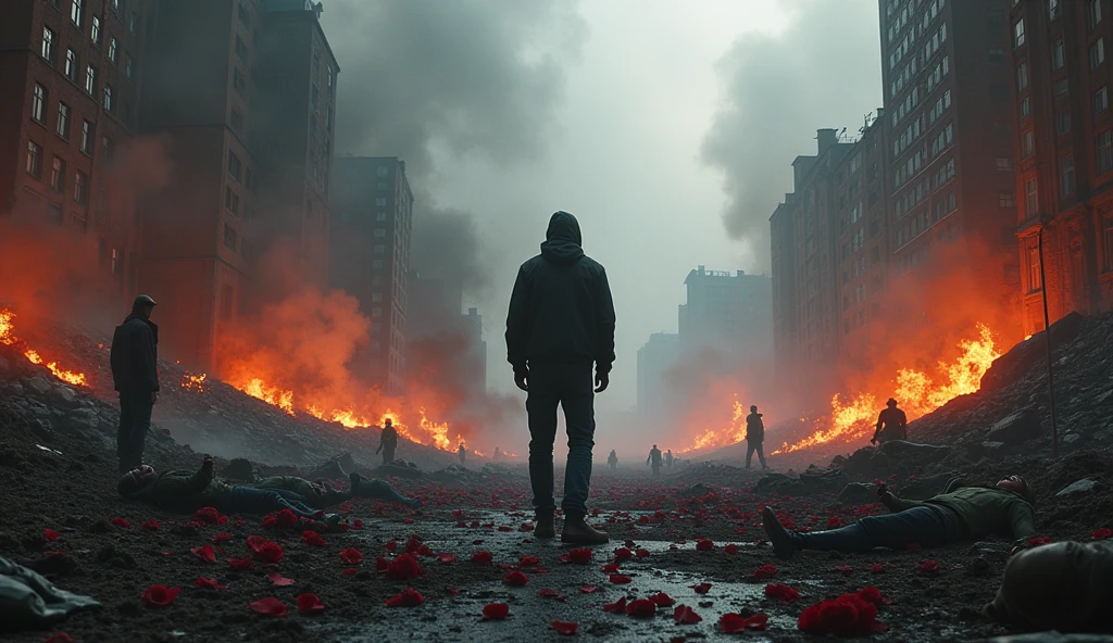 2024; (masterpiece, best quality) destroyed city roses on the floor(Moscou); flowers on the ground; 1sad man looking Down(close-up); bombs falling from the sky.; fire around; ; soldiers dead on the floor.