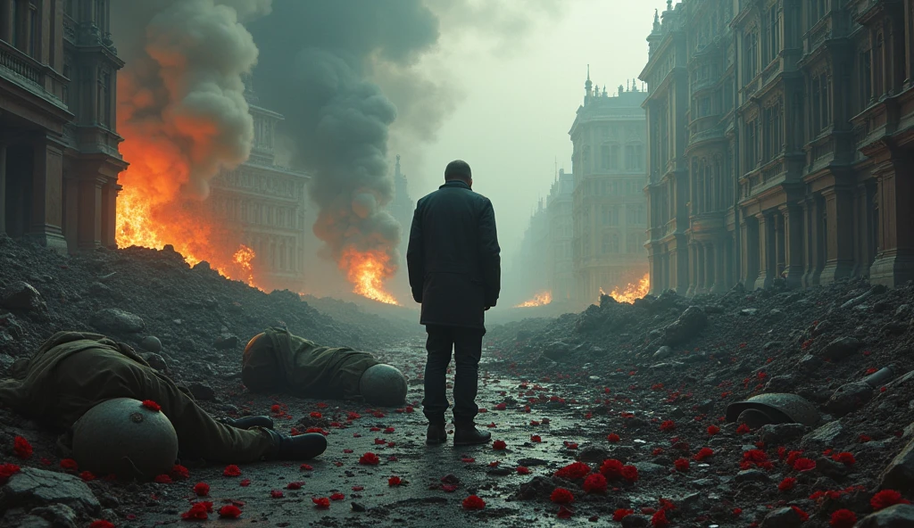 2024; (masterpiece, best quality) destroyed city roses on the floor(Moscou); flowers on the ground; 1sad man looking Down(close-up); bombs falling from the sky.; fire around; ; soldiers dead on the floor.