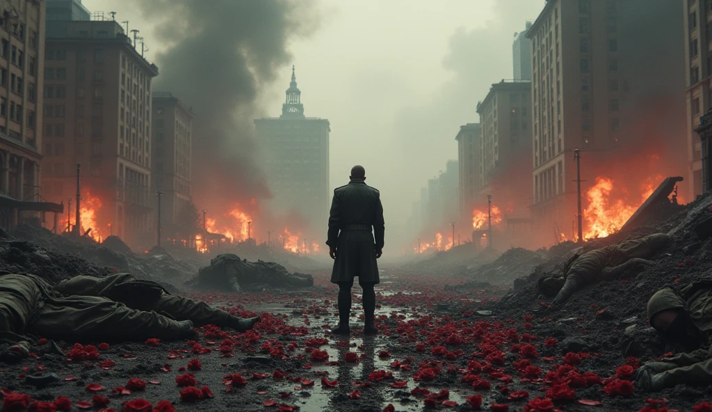 2024; (masterpiece, best quality) destroyed city roses on the floor(Moscou); flowers on the ground; 1sad man looking Down(close-up); bombs falling from the sky.; fire around; ; soldiers dead on the floor.