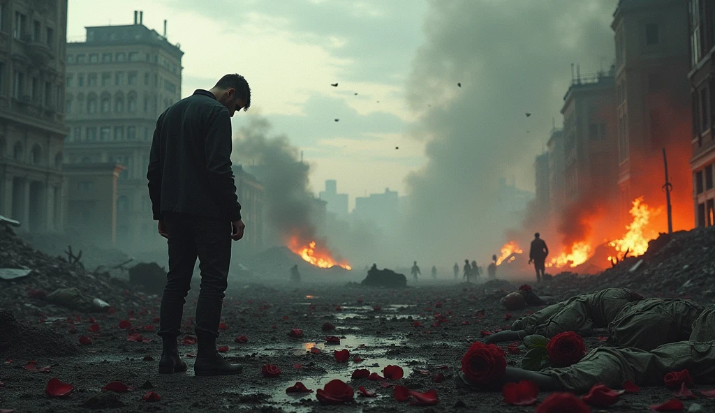 2024; (masterpiece, best quality) destroyed city roses on the floor(Moscou); flowers on the ground; 1sad man looking Down(close-up); bombs falling from the sky.; fire around; ; soldiers dead on the floor.