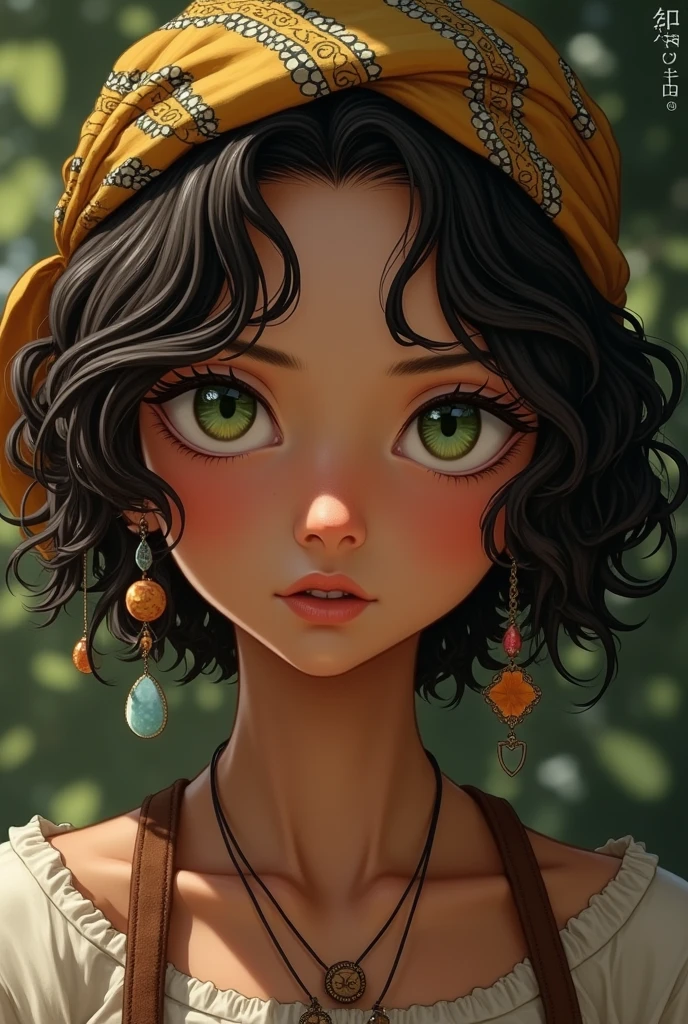 girl from , with curly hair with bandana, short layered hair, light blacks, with ornament and beads in the hair, greeneyes, brown skin