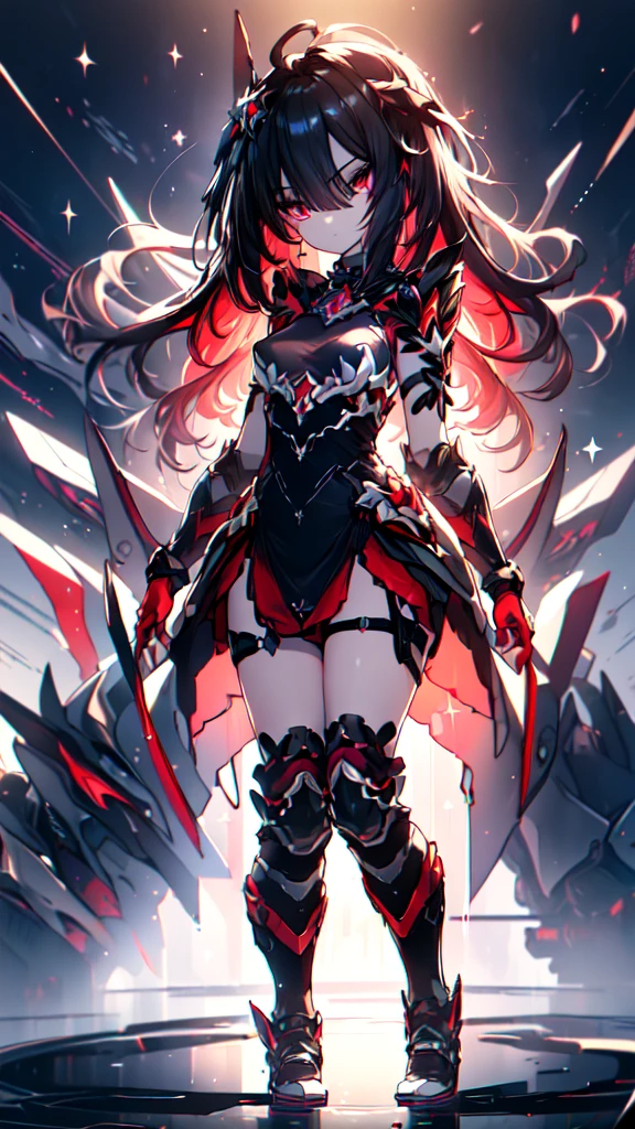starchasmnyx, starchasm nyx, Antenna Hair, Hair between the eyes, Long Hair, (Red eyes:1.5), Redhead, Black Hair, Two-tone hair, (Small breasts:1.2),
break bare shoulders, black dress, Black footwear, boots, rock, dress, flower, hair ornaments, red flower, thigh boots, Knee socks,
break looking at viewer, (whole body:1.2),
break outdoors, null間, star (null), starry null,
break (masterpiece:1.2), Highest quality, High resolution, unity 8k wallpaper, (shape:0.8), (Fine and beautiful eyes:1.6), Highly detailed face, Perfect lighting, Highly detailed CG, (Perfect hands, Perfect Anatomy),