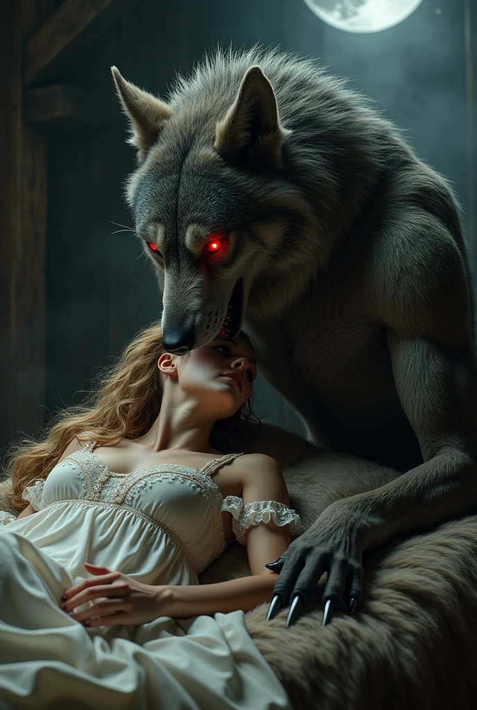 A woman young, blonde hair golden colored strands, 20 year, dressed Sansa Stark style in nightwear. on a rustic animal skin bed with fear, above her a strong and tall man with evident muscles like John Snow, wearing no shirt, biting her neck with wolf fangs, he has red eyes and claws, but in human form.
They are in a room on a moonlit night