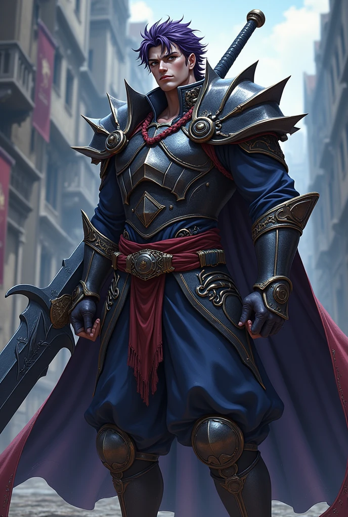 A character for my role-playing game has to look like this; man, noting that it measures 1.20cm tall, Tez blanca, hair between very dark purple and black, carrying a very large and heavy sword on his back, wearing semi-heavy armor, with a big arrogant smile, in the style of medieval anime role-playing, doing a pose from the anime jojos bizarre adventure, with medium musculature